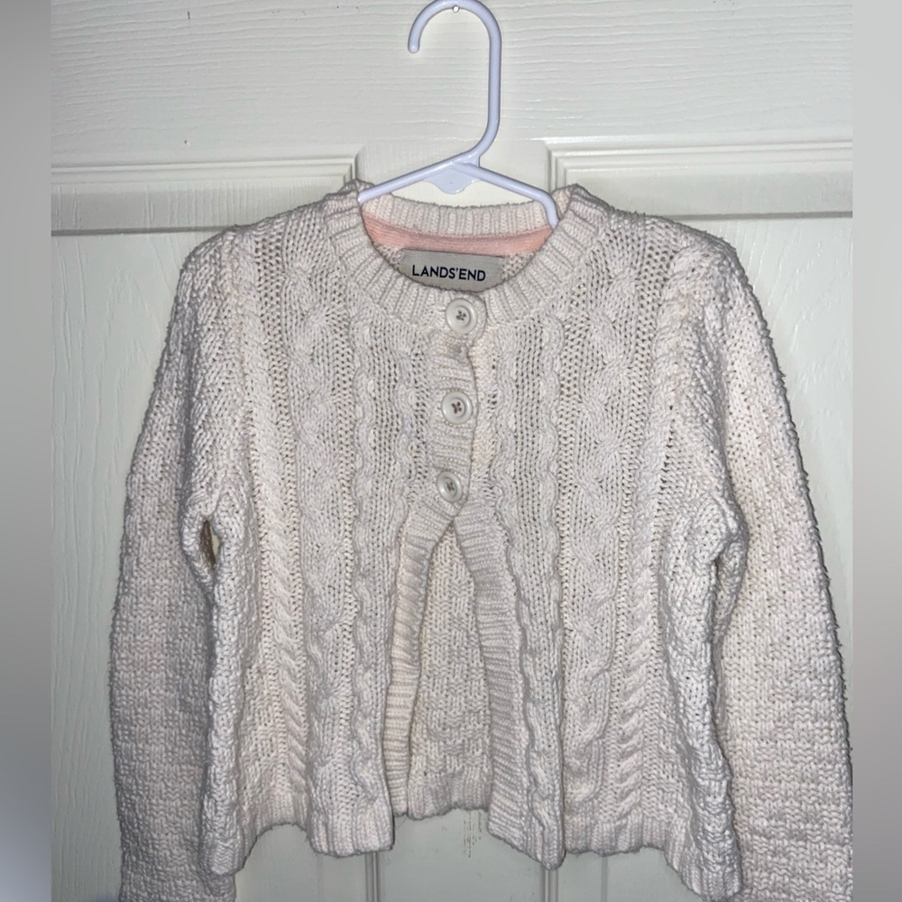 Little Girl Lands’ End Ivory Cable-Knit Cardigan | Size M (5–6) | Cute Sweater